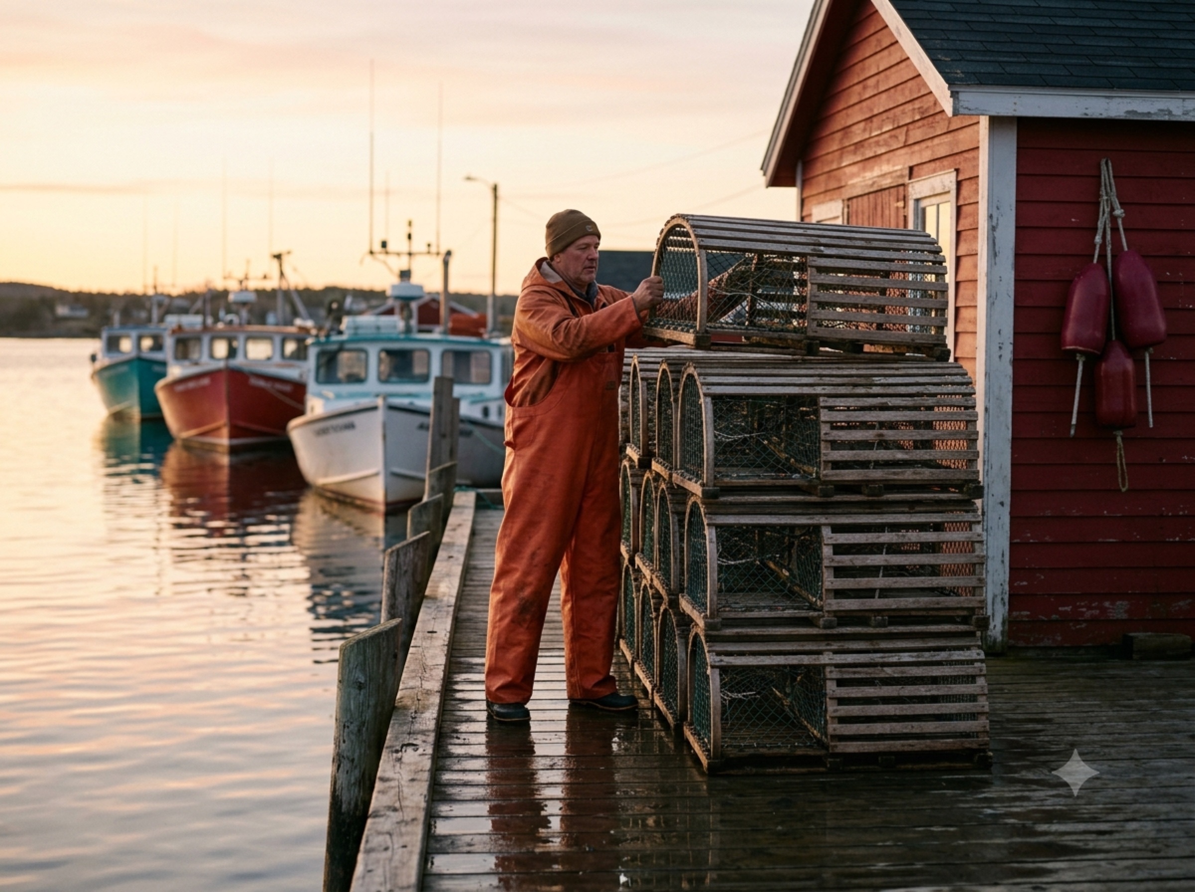 Lobster fisher stacking traps on a Nova Scotia wharf at sunrise