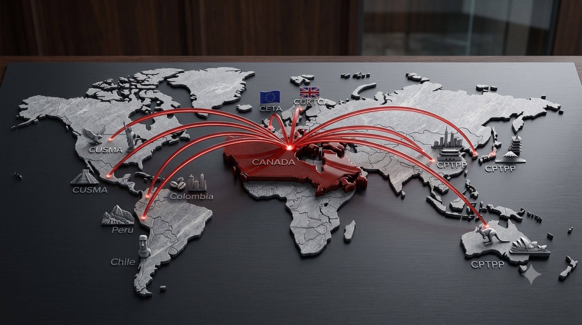 Map of trade corridors radiating from Canada under each agreement