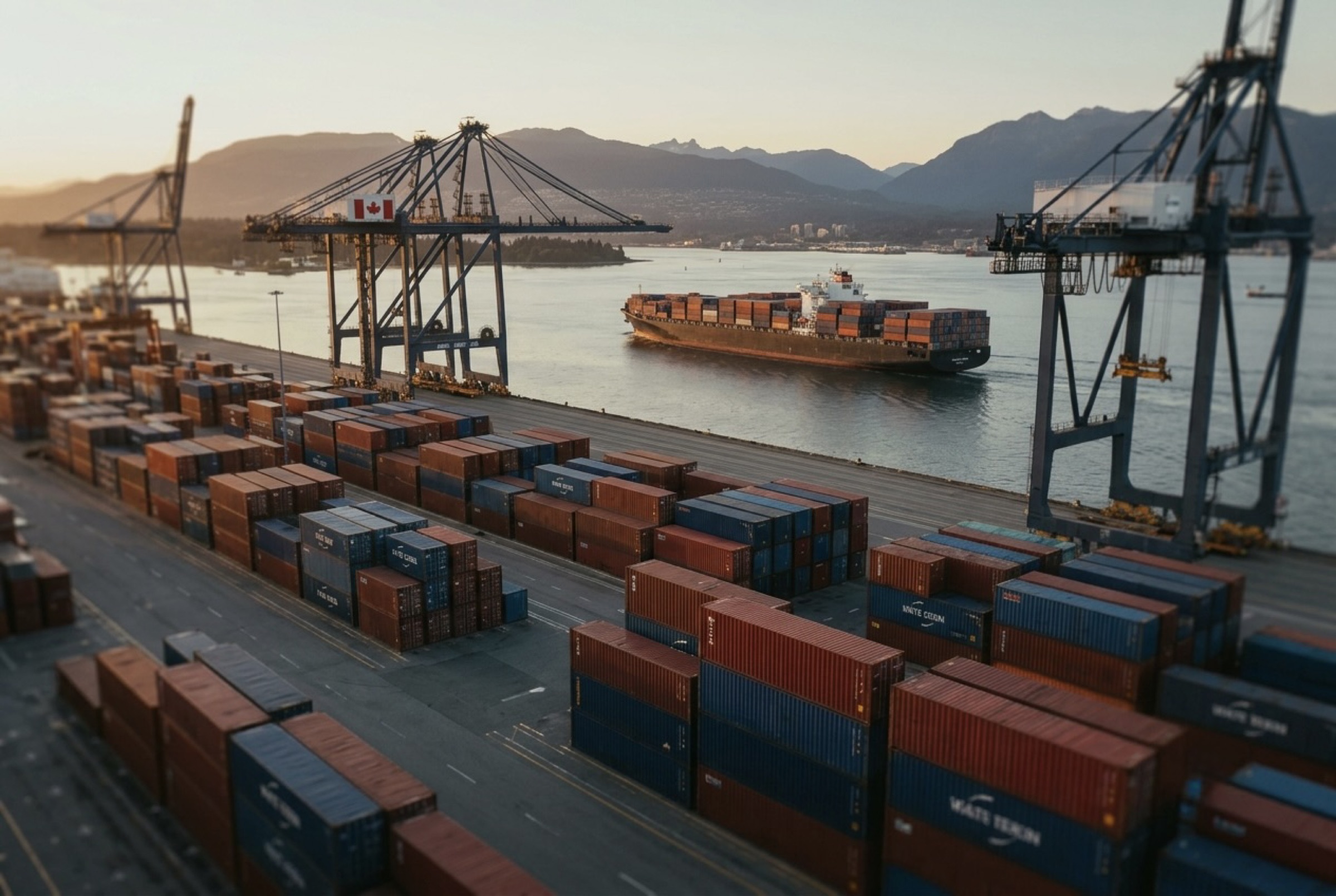 Container port at golden hour, ship departing