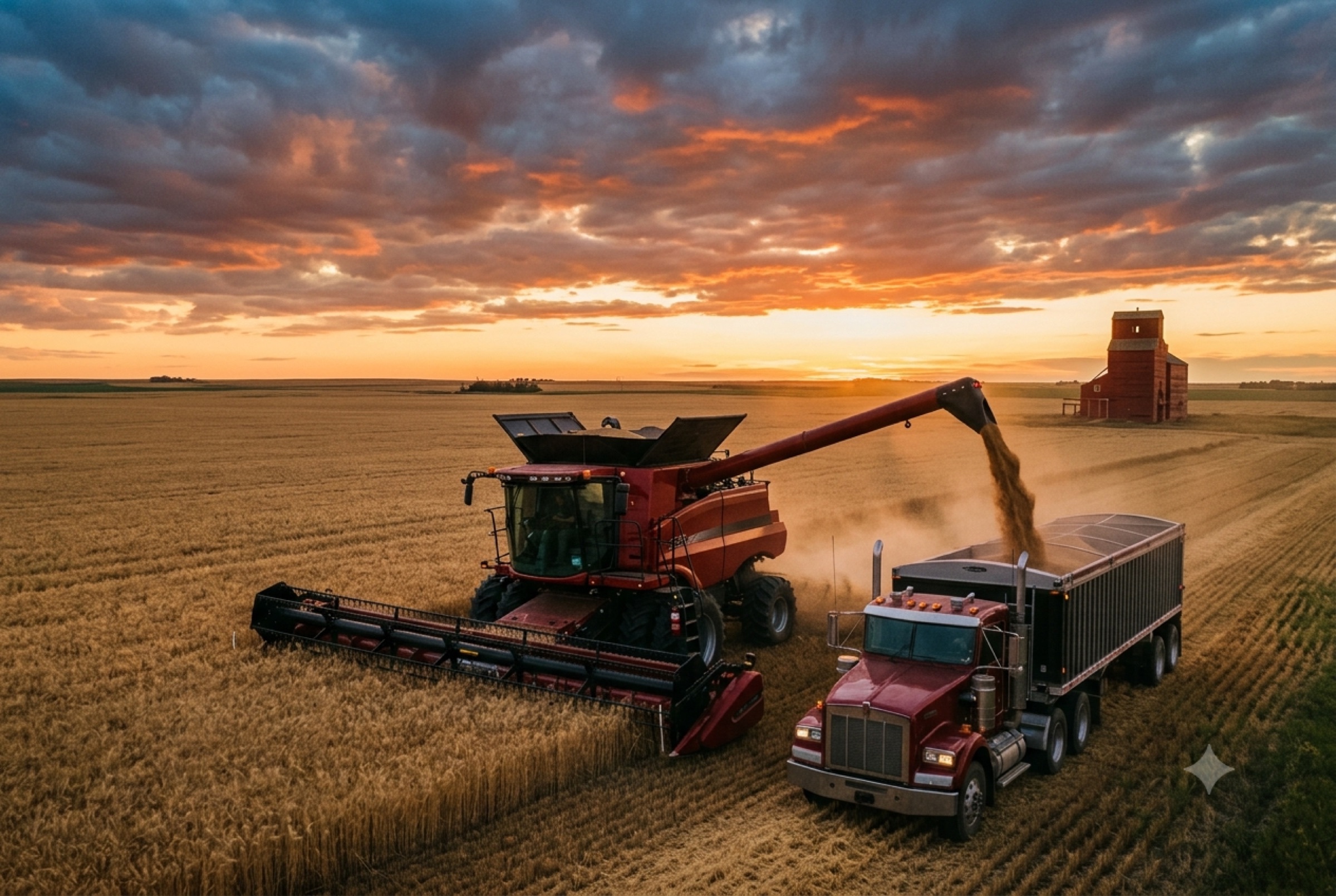 Combine harvesting a golden prairie wheat field