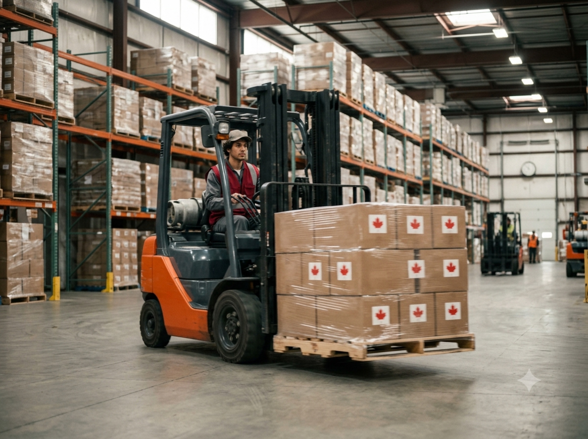 Forklift moving an export pallet in an Ontario distribution warehouse