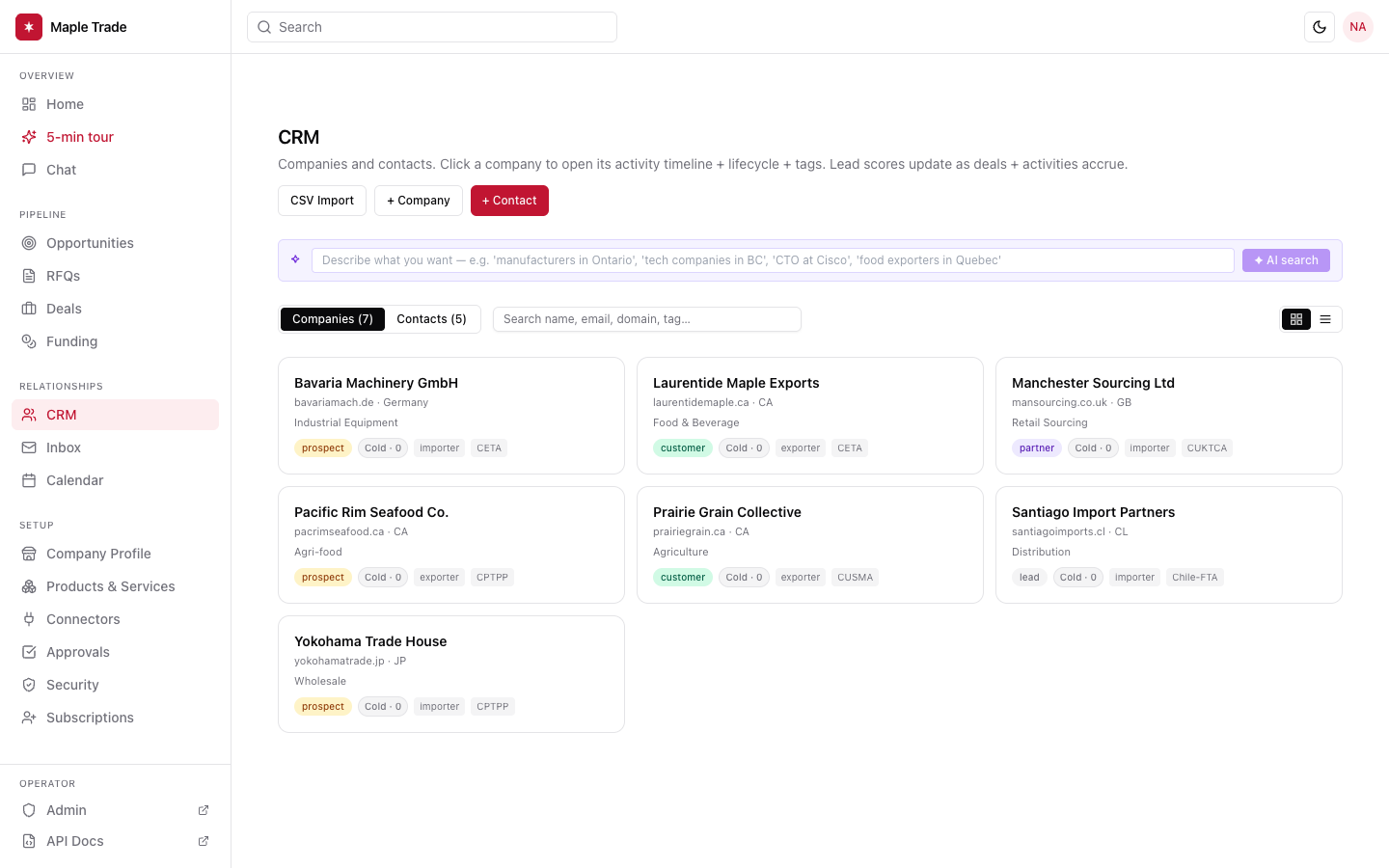Maple Trade CRM with AI search and trade-agreement tags