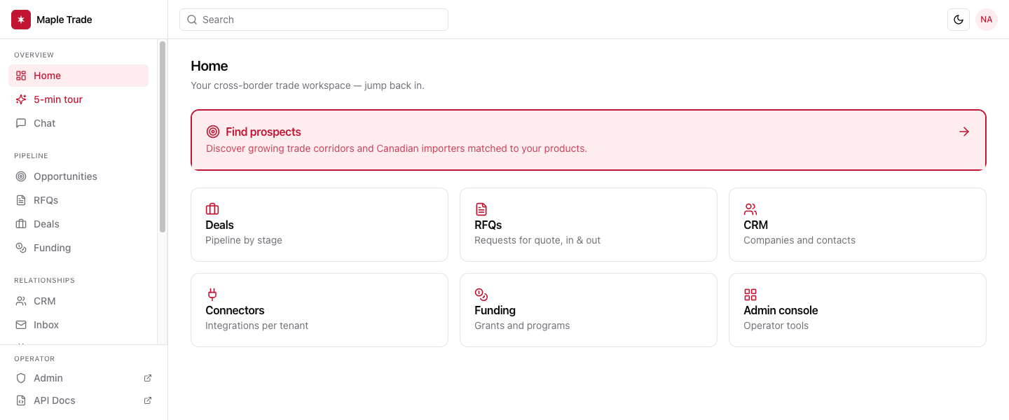 Maple Trade workspace dashboard